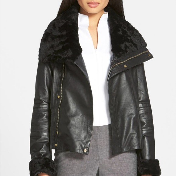 Fur Collar Badgley Mischka Lamb Leather Biker Jacket Badgley
